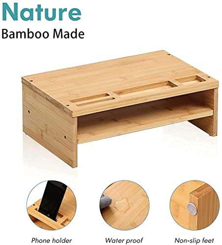 WELL WENG Monitor Stand Riser, 15.7 Inch Premium Bamboo Desk Shelf Organizer with Sliding Door (Natural) 4