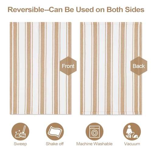LEEVAN Washable Area Rug 3x5, Reversible Striped Outdoor Rug Tan, Low Profile Small Patio Rug Door Mat Indoor, Cotton Woven Backyard Mats, Non-Shedding Front Porch Deck Floor Carpet 5