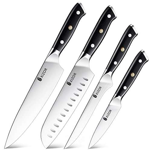 XIZOR 4-Piece Kitchen Knife Set, Includes 8“ Chef knife, 7“ Santoku knife, 6“ Boning Knife, 3.5“ Fruit Knife, Sharp High Carbon German Steel Blade, Full Tang Handle Ergonomic Design