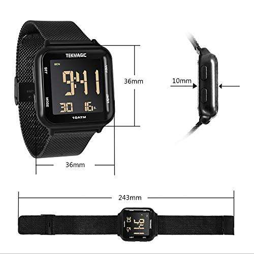 TEKMAGIC 10 ATM Waterproof Digital Watch with Stainless Steel Wristband Support Swimming Diving Wear 100m Underwater, Alarm Clock, Chronograph, Timer, Countdown, Dual Time Zone, 12 or 24 Hour Format, 6