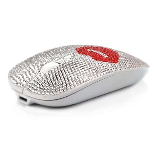 Bling Austrian Crystal Rhinestone Coverd Computer Mouse with USB Receiver, Sparkly Red Lips Flat Mice for Notebook, PC, Laptop, MacBook - Red Lip 5