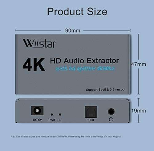 Wiistar 4K HDMI Audio Extractor with 4K60hz HDMI Splitter 1 in 2 Out Spdif/Toslink/Optical 3.5mm Jack Audio Out Signal Distributor Converter for PS4 Xbox One DVD Blu-ray Player HD TV Projector 6