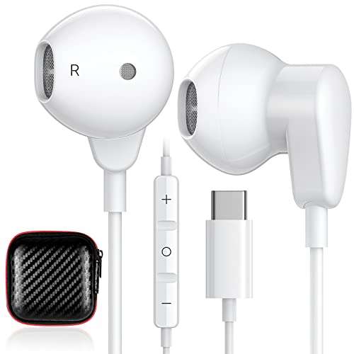 USB C Headphone for iPhone Air 17 Pro Max 16 16e 15 Plus for Samsung S25 S24 S23 FE S22 S21 A17 Galaxy Z Flip Type C Earphone with Mic Control Noise Cancel Wired Earbuds for iPad A16 10 Pixel 7 8 9a 9 1