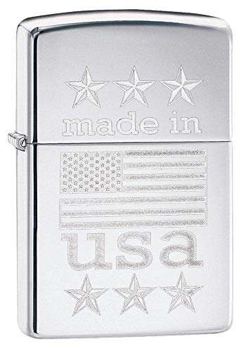 Zippo Made in USA with Flag Pocket Lighter, High Polish Chrome, One Size