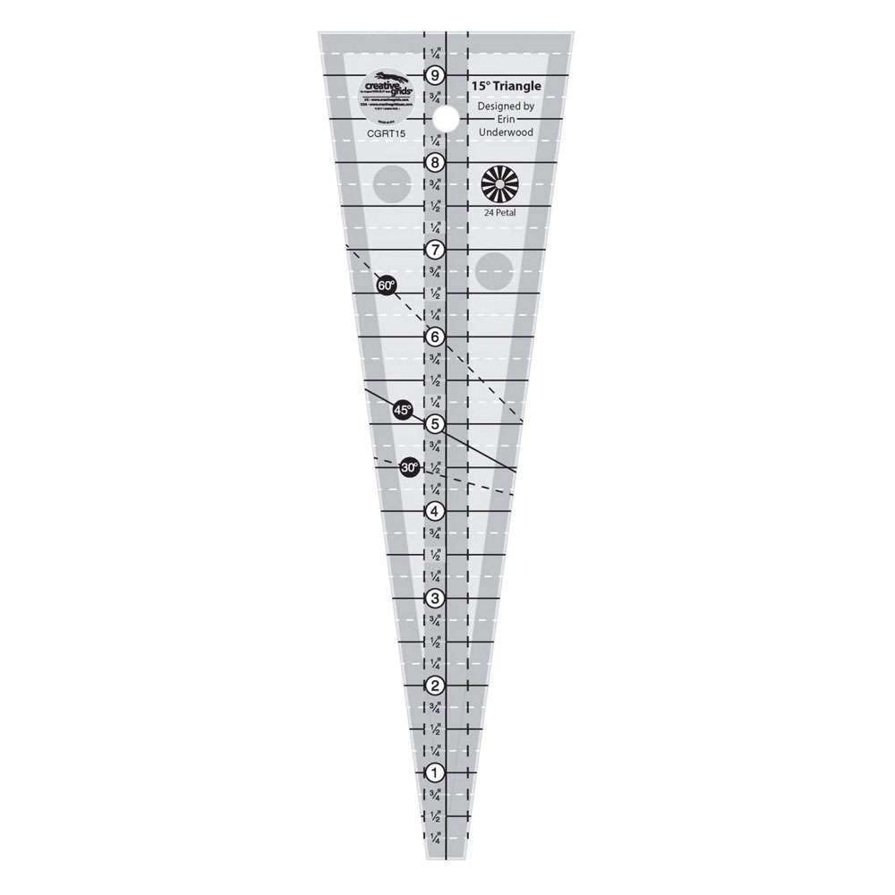 Creative Grids 15 Degree Triangle Ruler – CGRT15 – Made in USA, 3in x 9-1/2in, Non-Slip Grip Acrylic Quilting, Sewing, Crafting, Patchwork Ruler & Template