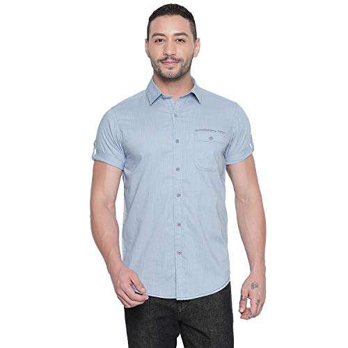 MUFTI Sky Solid Turn Up Half Sleeved Shirt 1