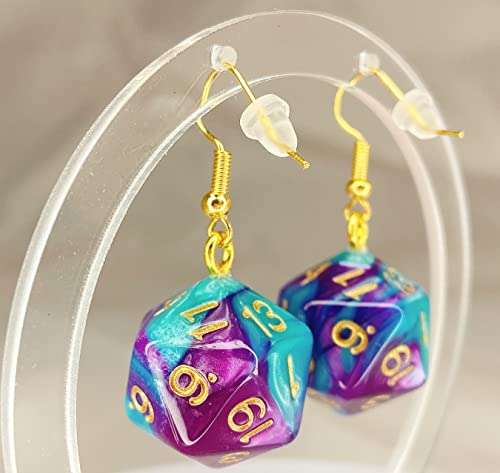 d20 20-Sided Polyhedral Dice Earrings - Hook with Earnuts (Light Blue-Purple Swirl) 2