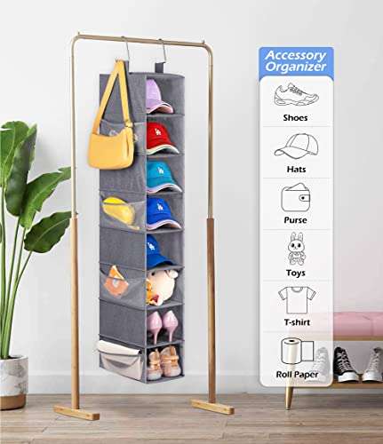 KIMBORA 8-Shelf Hanging Shoe Organizer with 8 Side Mesh Pockets Shoe Holder for Closet Hat Rack, Grey 6