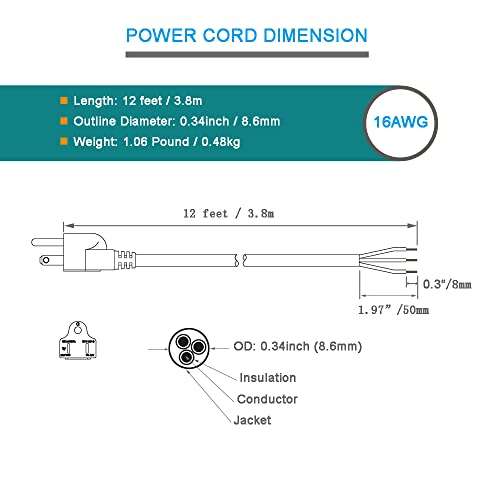 Power Cord Pigtail 16 AWG 3 Prong 12 Foot Open End 3 Wire Heavy Duty SJT 16 Gauge Power Supply Cord 120V AC NEMA 5-15P, Replacement Power Cable 13A, 1625W at 125VAC 5
