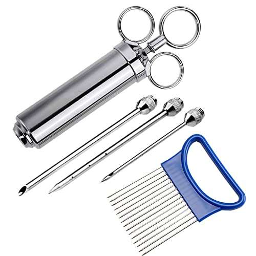 P/N goTeamghjkl Meat Injector Syringe 2-oz Marinade Flavor Barrel Stainless Steel with 3 Professional Needles 2 Cleaning Brushes and 4 Silicone O-Rings, 1 Onilion Slicer