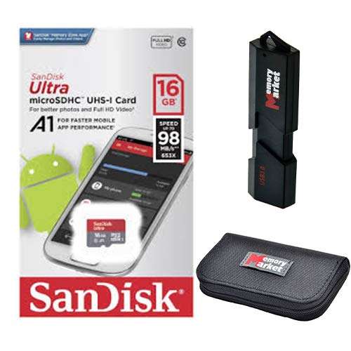 SanDisk Ultra 16GB MicroSD HC Class 10 A1 UHS-1 Mobile Memory Card up to 98MB/s Read Speed (SDSQUAR-016G) with USB 3.0 Dual Slot MemoryMarket MicroSD & SD Memory Card Reader and Memory Market Wallet 1