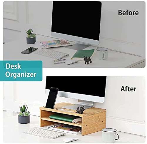 WELL WENG Monitor Stand Riser, 15.7 Inch Premium Bamboo Desk Shelf Organizer with Sliding Door (Natural) 3