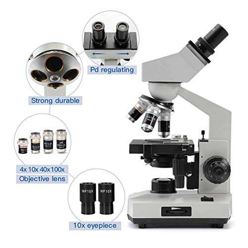 Cafthings LED Binocular Compound Lab Professional Electron Biological Microscope with 10X 20X Eyepieces, Double Layer Mechanical Stage & Ultra-Precise，Focusing,Including Slides, Phone Adapters 3