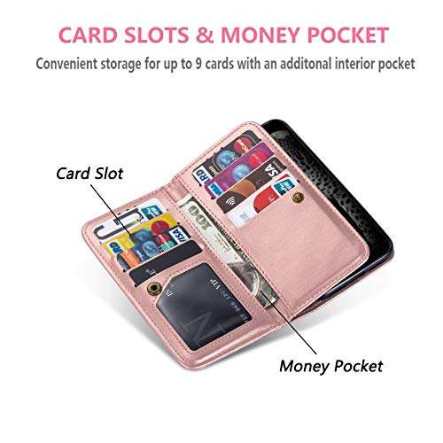 DEFBSC Samsung Galaxy Note 9 Wallet Case,Magnetic Premium Leather Folio Flip Case with 9 Card Slots/Holder Kickstand and Wrist Strap for Samsung Note 9-Rose Gold 2