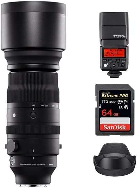 Sigma 150-600mm f/5-6.3 DG DN OS Sports Lens for Sony E | E-Mount Lens/Full-Frame Format, OS Image Stabilization, Super Multi-Layer Coating, Godox TT350S Flash, 64GB Extreme PRO UHS-I Memory Card 1