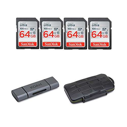 SanDisk 64GB Ultra SDXC UHS-I 100MB/s Memory Card (4-Pack) with Koah Pro Card Reader and Rugged Memory Card Storage Case Bundle (6 Items) 1