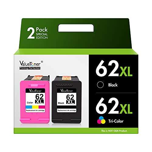 Valuetoner 62XL Ink Cartridges Black and Color Remanufactured for HP Ink 62 for HP 62XL Works with HP Envy 7640 7645 5660 5540 5640 7644 OfficeJet 5740 5741 8040 OfficeJet 200 250 258 Series (2-Pack) 1