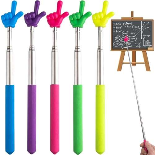 PAGOW 5 Pcs Retractable Teacher Pointer Sticks, 5 Colors Hand Pointer Stick, Student Finger Pointing Sticks, Extendable School Supplies for Reading, Classroom (Blue+Purple+Yellow+Green+Pink)
