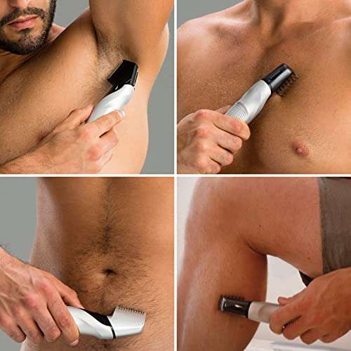 Panasonic Body Hair Trimmer for Men, Cordless Waterproof Design, V-Shaped Trimmer Head with 3 Comb Attachments for Gentle, Full Body Grooming, ER-GK60-S (Silver) 5