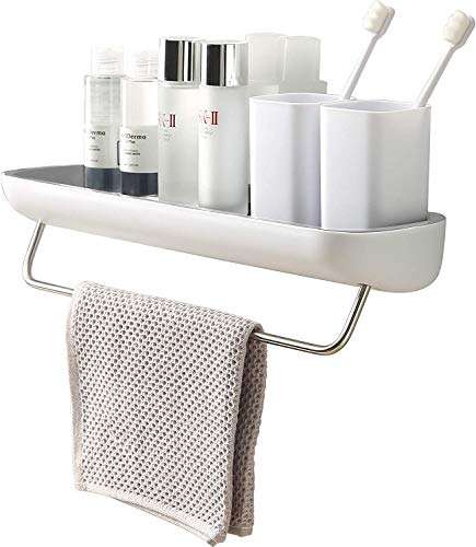 ZEEBLY Self Adhesive Bathropom Shelves with Hooks, Shower Caddy Shelf Organizer, No Drilling Wall Mount Shower Storage Accessories (AV 190 Towel With Rack) 1