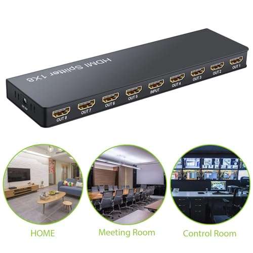LiNKFOR 1x8 HDMI Powered Splitter with Power Adapter 8 Ports HDMI Splitter Ultra 4K @ 30 Hz Support 3D Full HD 1080P (1 in 8 Out) 5
