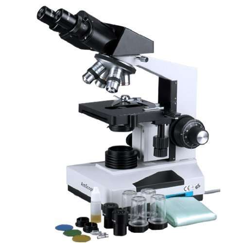 AmScope B490A-DK Compound Binocular Microscope, WF10x and WF16x Eyepieces, 40X-1600X Magnification, Brightfield/Darkfield (BF/DF), Halogen Illumination, Abbe Condenser, Double-Layer Mechanical Stage, Sliding Head, High-Resolution Optics, Anti-Mold 4