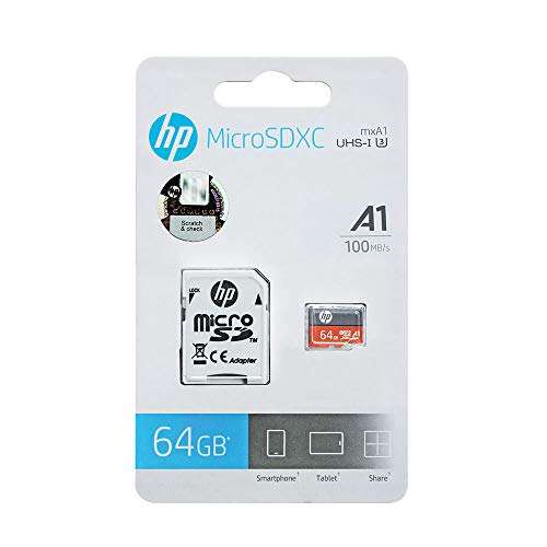 HP MicroSD Card U3, A1 64 GB High Speed (Write Speed 85MB/s & Read Speed 100 MB/s Records 4K UHD and Fill HD Video) 6