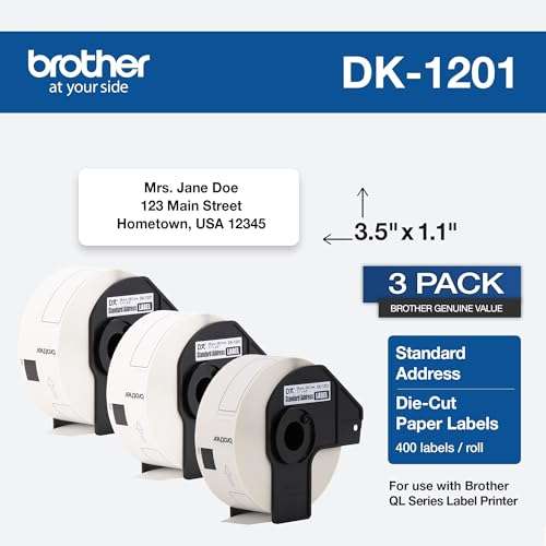 Brother Genuine DK-1201 Die-Cut Standard Address Labels – Long Lasting Reliability, Die-Cut Standard Address Paper Labels, 1.14” x 3.5” Individual Label Size, 400 Labels per Roll, (1) Roll per Box 2