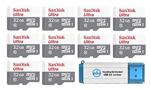 SanDisk Ultra 32GB microSDHC Memory Card (10 Pack) UHS-I Class 10 SDSQUNS-032G-GN3MN Bundle with (1) Everything But Stromboli 3.0 SD/TF Micro Card Reader 1