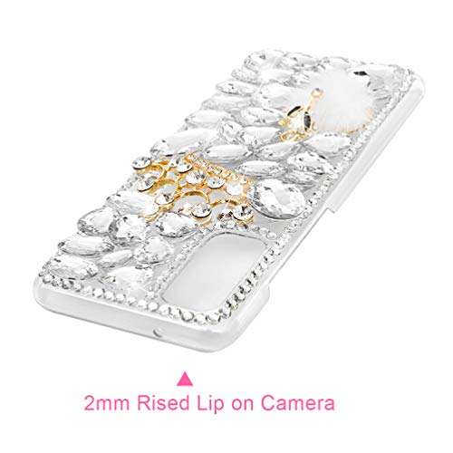 Galaxy S20 Case, Mavis's Diary Luxury 3D Handmade Bling Crystal Rhinestone Full Diamonds White Gems Crown and Fox with Fluff Hard PC Plastic Clear Protective Cover 5