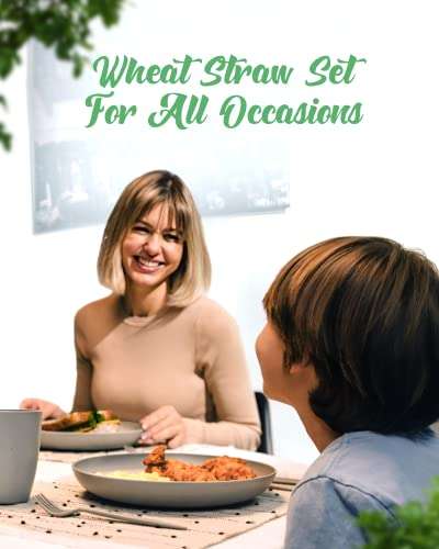 GREENDISH Wheat Straw Dinnerware Set 24-Piece - Cups, Plates and Bowls Sets for 4 with Reusable Cutlery Utensils - Unbreakable Wheatstraw Plastic Dinnerware Set with Fork Spoon Knife - Dishwasher Safe 6