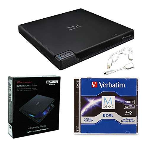 Pioneer BDR-XD07UHD Portable 6X Ultra HD 4K Blu-ray Burner External Drive Bundle with Cyberlink Software Download Installation Code, 100GB M-DISC BDXL and USB Cable - Burns CD DVD BD DL BDXL Discs 1