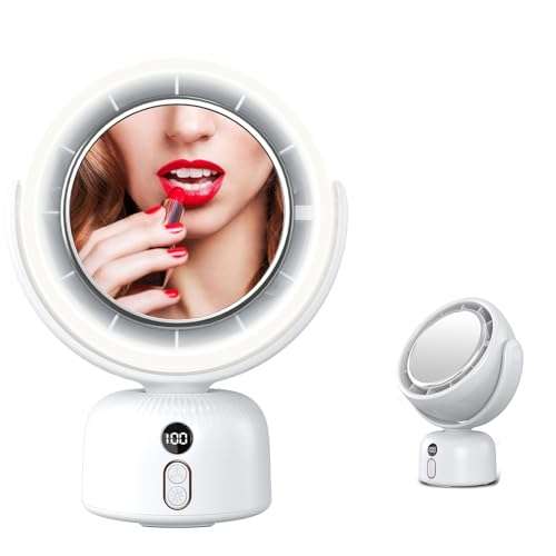 Rechargeable table Fan, Portable Fan with LED Makeup Mirror LED Vanity Mirror 5-Speed Quiet Cooling |Dimming led vanity mirror with light fan | USB-Powered Portable Fan For Home/Office/Outdoor (white) 1