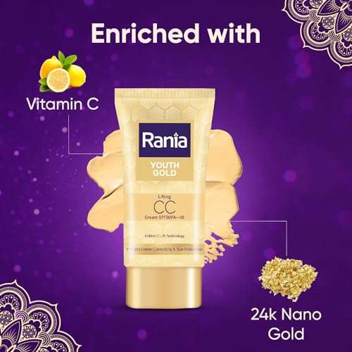 Rania CC Cream SPF50PA++IR with Vitamin C,24K Gold|Tinted moisturizer|Foundation & skincare|Lightweight|9-5 long lasting |Natural makeup look,25g 5