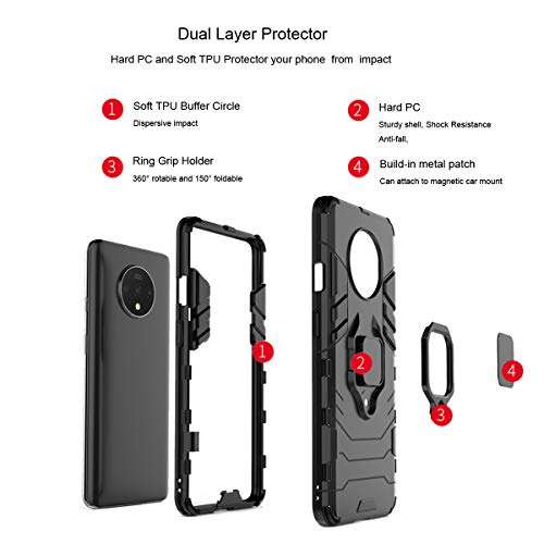 Urspasol for OnePlus 7T Case with Screen Protector Tempered Glass Hybrid Heavy Duty Armor Protective Bumper Phone Cover with 360° Degree Ring Holder Kickstand (Red) 2