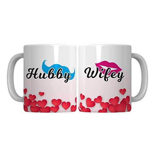 Purezento "Hubby Wifey Heart" Couple Ceramic Tea/Coffee Mug for Valentine Day Gift for Girlfriend, Boyfriend,Husband and Wife,Friends,Anniversary,Hubby Wifey,Birthday ,Set of 2