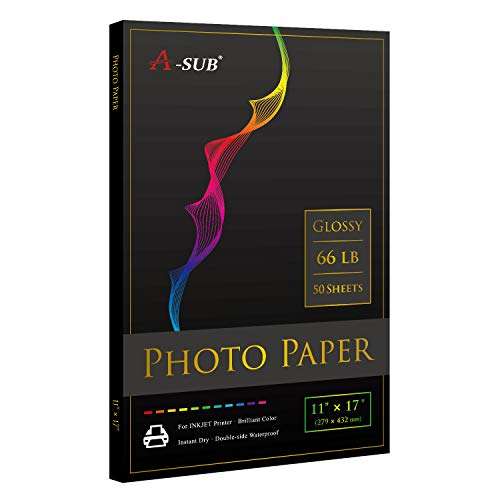 A-SUB Premium Photo Paper High Glossy 11x17 Inch 66lb for Inkjet Printers 50 Sheets, Single Sided 1