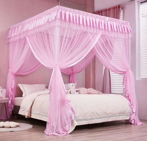 Mengersi Bed Canopy for Girls,Canopy Bed Curtains Canopy for Bed Drapes,Princess Bed Curtains Birthday Present Girls Room Decor,Pink 2