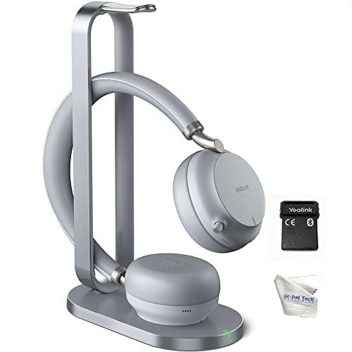 Yealink BH72 Bluetooth Headset UC with Charging Stand, USB-A (Grey) - GTW Bundle Yealink Wireless Headset with Global Teck Microfiber Cloth - Compatible for Office and Home Use