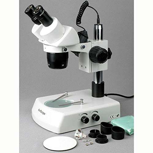 AmScope SW-2B13 Binocular Stereo Microscope, WH10x Eyepieces, 10X and 30X Magnification, 1X/3X Objective, Upper and Lower Halogen Lighting, Pillar Stand, 110V-120V 3
