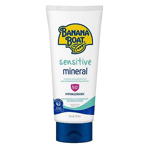 Banana Boat Sensitive 100% Mineral Sunscreen Lotion SPF 50, 6oz | Body Sunscreen, Sensitive Skin Sunblock, Oxybenzone Free Sunscreen, Banana Boat Mineral Sunscreen SPF 50, 6oz