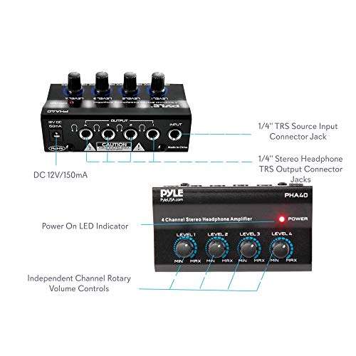 Pyle 4-Channel Portable Stereo Headphone Amplifier - Professional Multi Channel Mini Earphone Splitter Amp w/ 4 ¼” Balanced TRS Headphones Output Jack and 1/4" TRS Audio Input For Sound Mixer 2
