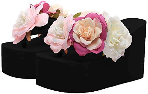 QZUnique Women's Handmade Flowers Sandals Cute Slippers Non-Slip Flip Flops High-Heeled Slippers 1