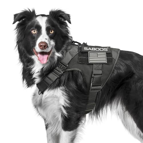Saboos Dog Harness No Pull Military Dog Harness with Handle & Molle Easy Control Service Dog Vest Harness Training Walking Adjustable Reflective Tactical Pet Harness Black M