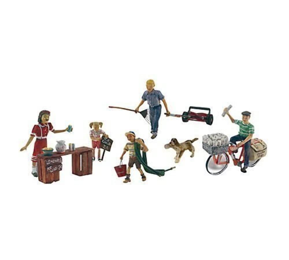 Summertime Jobs (Paperboy, Lawn Boy, Lemonade Stand w/3 Figures & Dog) HO Scale Woodland Scenics 2