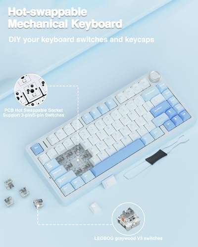 AULA F75 75% Wireless Mechanical Keyboard, Hot Swappable Creamy Keyboard, Pre-lubed Greywood Switches RGB Backlit Gaming Keyboards, 2.4GHz/Type-C/BT5.0(Salt White Blue) 6