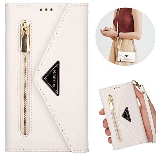 CCSamll Crossbody Wallet Case for Samsung Galaxy S20 FE (NOT S20), Zipper Pocket Purse Handbag Neck Strap Lanyard Cover with 9 Card Slot Holder Case for Samsung S20 FE 5G XK White 1