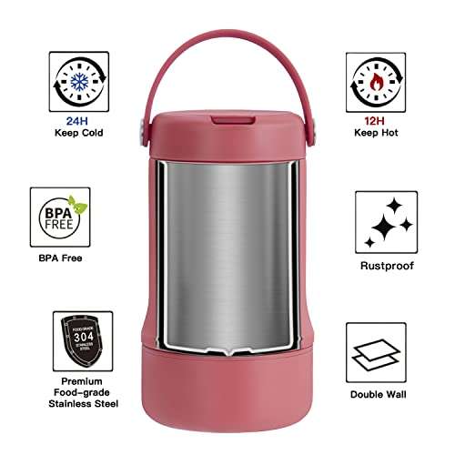 Ideus Soup Thermo with Foldable Spoon and Bowl 20oz, All-in-one Insulated Bento Lunchbox Stainless Steel Leakproof Portable Soup Container Vacuum Thermal Food Jar for Lunch, Red 2