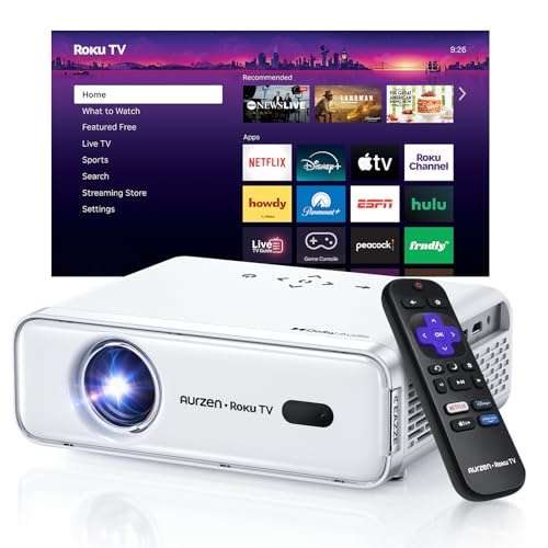 Aurzen Roku TV Smart Projector with Wifi and Bluetooth, Roku Streaming Experience Built-in, 1080P FHD, Dolby Audio, Auto Focus & Keystone, Zoom, Movie Portable Outdoor Mini Projector, White 1