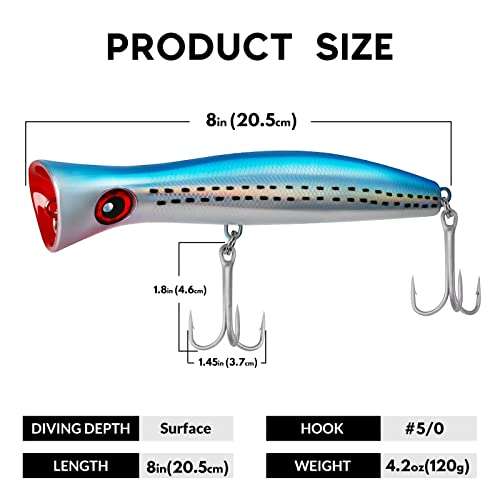 THKFISH Topwater Fishing Lures GT Popper Lures Saltwater Popper Lures Floating Fishing Lures Tuna Popper Lures with 3X Strong Hook Surf Fishing BlueLaser 1pc 6